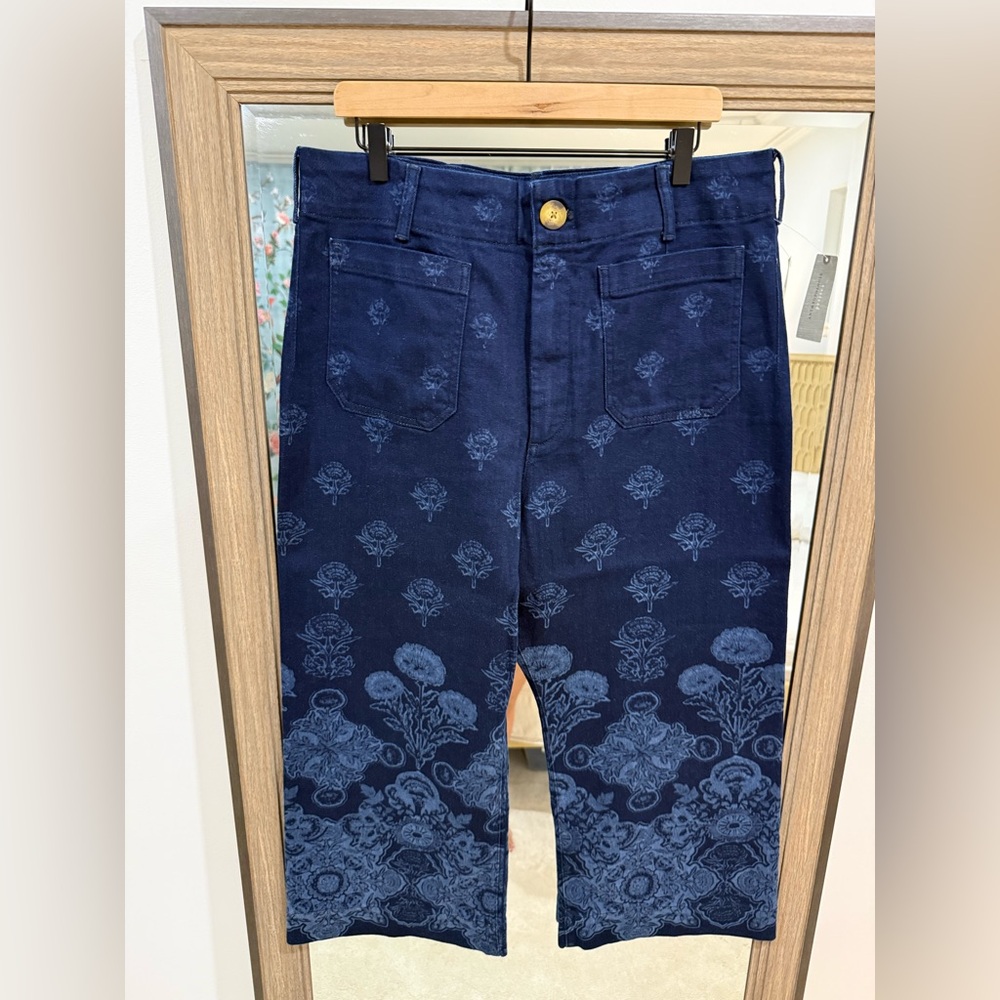 Anthropologie Colette Cropped Denim Jeans with Flower Print Size 34P NWT